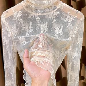 TEMU 여성용 경량 하이넥 레이스 탑, 2024년 봄/가을 신상 러플 엣지 메쉬 베이스 레이어