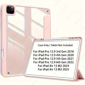 TEMU 펜 홀더가 있는 케이스로 디자인된 iPad Air M3 13인치 2025용 케이스, iPad Air M2 13인치 2024, iPad Pro 12.9 6세대 2022, iPad Pro 12.9 5세대 2021, 투명한 PC 후면이 특징인 iPad Pro 12.9 4세대 2에 호환됩니다.