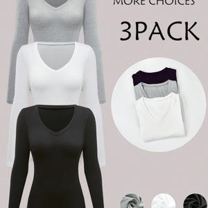TEMU 가을/겨울 시즌, 사계절용 솔리드 컬러 V넥 긴팔 티셔츠 세트