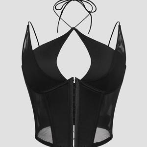 TEMU 섹시한 딥V 홀터넥 메쉬 코르셋 탑 - 반투명 백리스 버튼 프론트 디자인, 미디엄 스트레치 솔리드 컬러 여름 파티 & 이브닝 아웃탑, 코르셋 셰이프웨어, V넥 디자인, 핸드워시 가능 소재