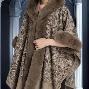 TEMU 여성용 플러스 사이즈 럭셔리 인조 모피 후드 케이프 코트 - 파이즐 패턴, 따뜻하고 세련된 가을/겨울 아우터웨어, 고품질 인조 모피, 갈색, 겨울 옷