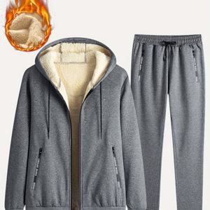 TEMU 2피스 남성 클래식 스포츠웨어 세트: 플리스 안감 후드티와 조거 팬츠 - 헬스, 러닝 & 캐주얼웨어, 겨울용 아우터웨어 세트, 플러시 안감, 폴리에스터 소재, 스탠드 칼라, 포켓, 레귤러 핏, 니트. 클래식 남성 2피스 애슬레틱 세트, 안감 포함, 풀집 후드 스웨트셔츠와 조거 팬츠, 헬스, 운동, 러닝용