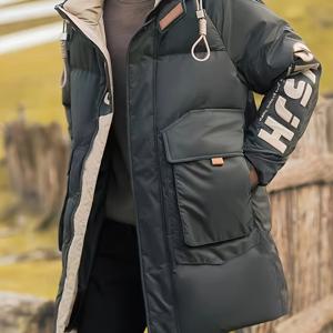 TEMU 남성용 겨울 후드 오리털 다운 재킷 - 방풍 미드 길이 파카 코트, 루즈핏 캐주얼 아우터웨어, 오리털 & 후드 디자인, 레터링 로고 (손세탁 가능), 추운 날씨에 적합