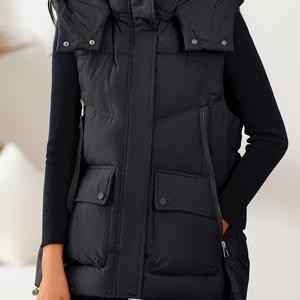 TEMU 단색의 우아한 민소매 조끼, 지퍼업 후드 칼라 재킷과 충전재가 있는 제품입니다.