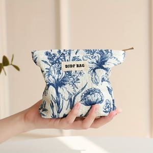 TEMU 미니 세면도구 가방, 소형 메이크업 파우치, 고급 및 도자기 플로럴 디자인, 휴대용 터치업 가방, 대용량 동전 지갑, 이어폰 케이스, 생리대 보관 가방, 키 파우치, 소형 액세서리 정리함.