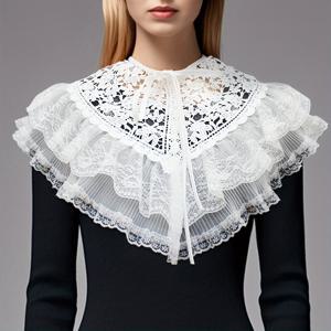 TEMU 여성용 더블 레이어 플로랄 레이스 숄 칼라 스카프 - 오버사이즈 탈착식 프릴 가장자리, 티셔츠 & 드레스에 어울리는 사계절용 액세서리, 세탁기 사용 가능, 레이스 스카프