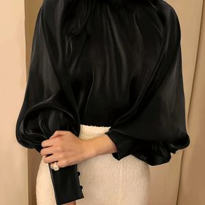 TEMU 우아한 단색 퍼프 소매 하이넥 블라우스