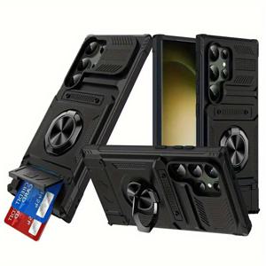 TEMU 삼성 갤럭시 S25 S24 S23울트라 S25 S24 S23 플러스 S24 FE S23FE A14 A15 A25 A35 A55용 메탈 브래킷과 카드 슬롯이 있는 휴대폰 케이스. 견고하고 내구성이 뛰어난 휴대폰 케이스. 튼튼한 보호용 휴대폰 케이스
