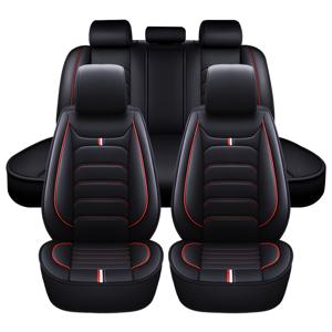 TEMU [내구성 강화] 블랙 & 레드 스티치 PU 가죽 자동차 시트 커버 - 5인승 차량 95% 호환, 사계절 보호와 스타일리시한 대비 트리밍, 차량 인테리어 업그레이드 | 세련된 차량 미학 | 스펀지 충전 편안함, 크리스마스 선물
