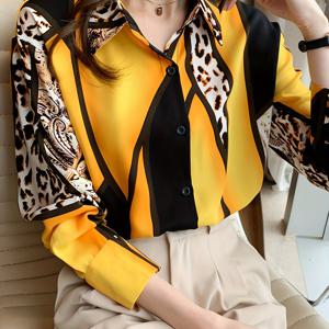 TEMU 여성용 레트로 프린트 긴팔 셔츠 - 노랑 & 검정 대조 칼라, 버튼업 블라우스와 페이즐리 & 동물 패턴, 기계 세탁 가능 봄/가을 캐주얼 또는 정장용 탑, 프린트 셔츠, 우아한 디자인, 고급스러운 스타일