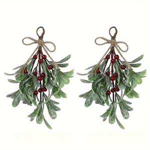 TEMU 2개 세트 리얼리스틱 인조 미슬토 가랜드 브랜치 - 그린 플라스틱 겨울 잎사귀와 화이트 베리 & 끈 모양 걸이, 생동감 넘치는 크리스마스/웨딩/파티 장식 (유지 관리 불필요, 연중 사용 가능) - 인조 미슬토