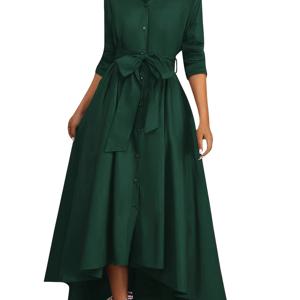 TEMU 여성용 그린 A라인 맥시 드레스 - 칼라 & 롱 슬리브 겨울 드레스, 구조적 버튼 프론트 허리, 롱 길이 포멀/캐주얼 아웃핏 (스트레치 없음) - 파티, 웨딩용, 손세탁/드라이클리닝