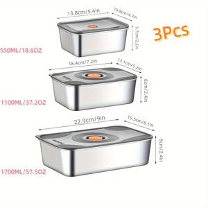 TEMU 550/1500/1700ml 용량의 스테인레스 스틸 식품 보관용기 3개, 밀폐 뚜껑이 있는 밀폐 뚜껑 - 누출 방지, 쌓을 수 있는 보관함, 야외 피크닉에 적합, 고기, 과일 및 채소에 적합.