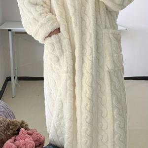 TEMU 신상 가을 겨울 한국 스타일 코랄 자카드 나이트가운, 따뜻한 겨울 파자마 및 풀오버 수면복 원피스