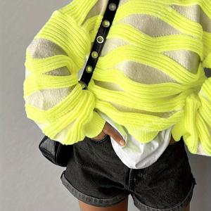 TEMU 여름/겨울 신상 여성용 컬러 블록 골지 라운드넥 드롭숄더 긴팔 웨이브 캐주얼 엘레강트 풀오버