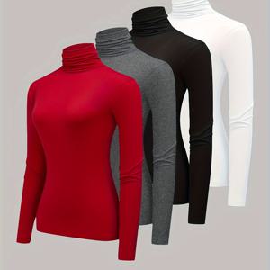 TEMU 여성용 우아한 하이넥 긴팔 티셔츠, 단색 니트 소재 상의, 폴리에스터 95% 스판덱스 5%, 정상 길이, 봄/여름/가을 - 357T-111