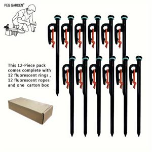 TEMU 텐트 스테이크 세트, 6/12개입 8인치 헤비듀티 금속 텐트 스테이크 + 형광 링 + 캠핑 로프 + 카톤 박스, 다용도 헤비듀티 텐트 스테이크 타프 펙, 캠프 및 정원용 캠핑 액세서리 (블랙)