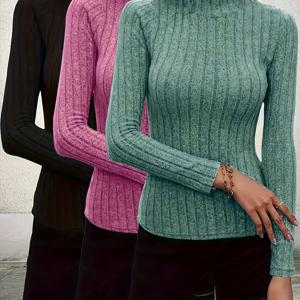 TEMU 여성용 우아한 하이넥 긴팔 티셔츠 3종 세트