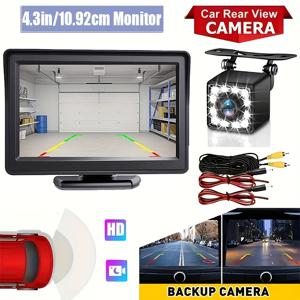 TEMU HD 주차 시스템 야간 투시 후방 카메라 백업 카메라 +4.3인치 모니터 및 12개 LED 라이트 포함 - 안전한 주차 및 반전 운전에 적합한 고화질 와이드 앵글 렌즈 리버스 뷰 카메라 키트 (자동차, 픽업트럭, 캠핑카, 트럭, 밴용)