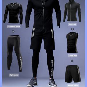TEMU 남성용 풀 애슬레틱 트레이닝 슈트 5pcs - 퀵드라이 압축 짐 세트 (지퍼 바디슈트, 타이트 쇼츠 & 팬츠) - 러닝, 농구, 연중 퍼포먼스용 - 고탄력 원단 (세탁기 사용 가능) - 경기용 & 캐주얼 착용