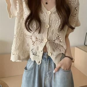 TEMU 여성용 캐주얼 V넥 카디건 - 버튼 디테일, 100% 폴리에스테르 니트 반소매 여름용 커버업, 단색 컬러, 약간의 스트레치 효과 있음