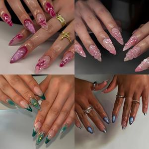 TEMU 96개입 아몬드형 3D 물방울 글리터 스타 인조네일 세트, 모든 여성에게 적합 - 네일 파일 및 젤리 접착제 포함