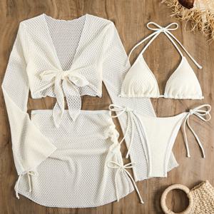 TEMU 2024년 신상 유럽 및 미국 스타일 보수적인 4피스 세트, 단색 커버업, 메쉬 숏 스커트, 비키니 여성 수영복|수영복|레쉬가드|래시가드