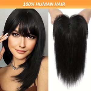 TEMU 여성용 - 생생한 인모 탑퍼 가발 (앞머리 포함) - 클립인 헤어 익스텐션, 블랙 헤어피스, 짧은 머리 탈모용, 두피 베이스 부착 (레이스 없음), 즉각적인 볼륨 & 밀도, 편안한 착용감의 탈모 탑퍼