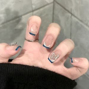 TEMU 10개입 프레스온 네일 숏 오벌 프렌치 캣아이 블루 인조네일 - 나비 & 캣아이 네일아트, 핸드네일, 쉬운 적용, 데일리웨어, 파티, 포토샷용