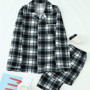 TEMU 남성용 심플 해파리 파란색 체크 긴팔 잠옷 세트 (긴 바지와 칼라 포함)|여름잠옷