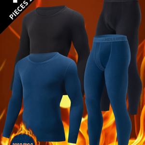 TEMU 남성용 기모 속옷 4종 세트, 겨울 스키용 기모 안감 베이스 레이어, 타이트핏 긴팔 크루넥 상의와 매칭 바지.