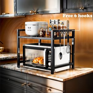 TEMU 확장 가능한 전자레인지 랙 6개 후크 포함, 접이식 블랙 메탈 전자레인지 선반, 조절 가능한 빵제조기 및 냄비 홀더, 토스터용 주방 카운터탑 정리대
