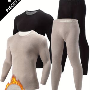 TEMU 4pcs 세트 남성용 서멀 언더웨어 - 크루넥 - 폴리에스테르, 단색, 가을/겨울용 미디엄 스트레치 니트 원단, 스키니 핏 베이스레이어 세트 (디테일 없음)