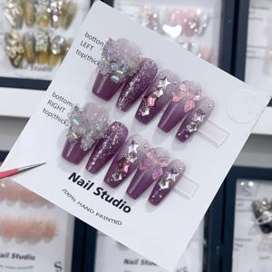 TEMU 10pcs 고급 플래시 나비 긴 핸드메이드 손톱, 퍼플 여성용 손톱으로 가득 차 있습니다.