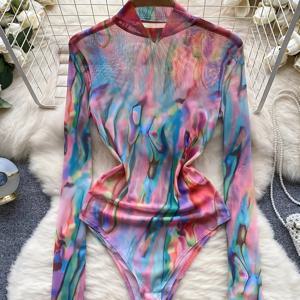 TEMU Y2K 방향성 YOUMG 프린트 메쉬 섹시 핏 롱 슬리브 바디수트