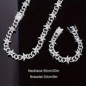 TEMU 2개 세트 우아한 쿠바 체인 주얼리, 남녀공용 목걸이 및 팔찌, 스파클링 액센트가 있는 스타일리시한 힙합 패션 남성용, 아들 선물로 이상적