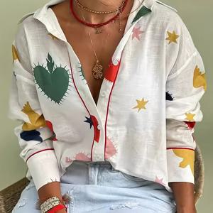 TEMU 여성용 시크한 오버사이즈 질감 있는 원단 블라우스, 컬러풀한 하트, 별, 새 프린트, 레드 트림 - 캐주얼 롱 슬리브 버튼업 셔츠, 사계절용 셔츠|트렌디한 여성용 탑|광택 있는 질감