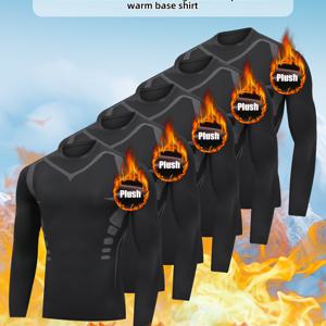 TEMU 남성용 보온 스포츠 탑 5종 세트 (러닝, 피트니스, 스키, 아이스 스케이팅용), 가을/겨울 디자인, 따뜻한 플리스 소재 및 아침/저녁 훈련을 위한 타이트핏 기어 특징