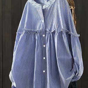 TEMU 여성용 캐주얼 라운드넥 블라우스 - 프릴 소매, 파란색과 흰색 폴리에스터 셔츠, 루즈핏 버튼 프론트, 사계절 활용 가능한 여성 티셔츠