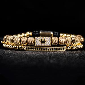 TEMU 매너사가 2개 男士 매력 팔찌 세트, 6MM 질감 비즈, 사각형 크라운 인레이, 합성 지르코니아, 구리, 캐주얼 스타일, 골든, 크리스마스, 추수감사절, 데이 선물에 완벽