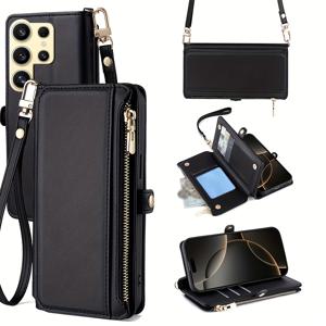 TEMU 갤럭시 S24/ S24 플러스/ S24 울트라/ S24 FE용 크로스바디 카드홀더 RFID 차단 지퍼폰백, 가죽 플립북 케이스 남녀공용 링 멀티기능 휴대폰 케이스