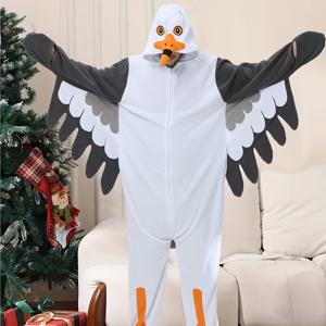 TEMU 갈매기 성인 남성용 플리스 안감 만화 원피스 파자마 세트, 가을과 겨울용 두꺼운 동물 원피스 파자마, 박쥐 소매 후드 따뜻한 가운, 목욕 가운, 할로윈 의상, 크리스마스 파티 의류