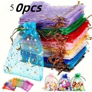 TEMU 별과 달 프린팅 메쉬 선물 가방 (끈 포함) - 할로윈 사탕, 파티 선물, 소규모 비즈니스 포장에 완벽