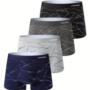 TEMU 4팩 남성용 복서 브리프 속옷 - 고탄력 풀 길이 복서 쇼츠, 라인 & 대각선 패턴 (회색/검정/네이비/흰색) - 플러스 사이즈 & 청소년 친화적 핏, 통기성 캐주얼 & 착용 - 대량 구매 할인|남자반바지|남성반바지