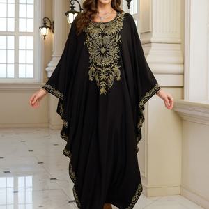 TEMU EDOLYNSA 여성용 플러스 사이즈 우아한 카프탄 드레스 - 캐주얼 크루 넥, 자수 꽃무늬, 여유로운 배트윙 소매, 봄/여름/가을 해변 휴가 드레스, 해변 드레스