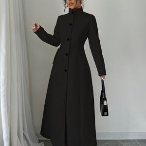 TEMU 여성용 우아한 롱 플리스 코트 - 스탠드 칼라, 버튼 디테일, 세탁기 사용 가능, 단색, 가을/겨울에 완벽, 겨울 코트|롱 버튼업 코트|부드러운 질감