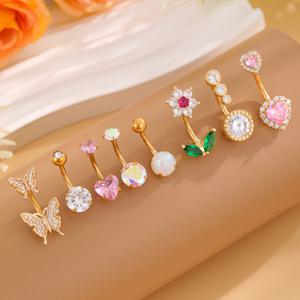 TEMU 8개 세트 골든 클래식 나비 모양 하트형 스테인리스 벨리 링, 멀티컬러 합성 지르코니아 Y2K 스타일 캐주얼 웨어용 배꼽 액세서리