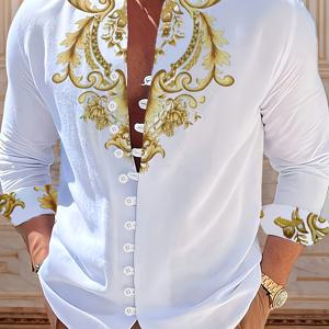 TEMU 남성용 우아하고 황금색 꽃무늬 프린트 만다린 칼라 셔츠 - 클래식 버튼 프론트 블라우스, 골든 리프 패턴, 올 시즌용 원단, 캐주얼 및 포멀 웨어에 다용도, 편안한 착용감, 스타일리시한 디자인, 내구성 있는 구조, 오피스룩