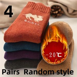 TEMU 남성용 겨울 낙타 만화 패턴 미드 송아지 두꺼운 양털 안감 따뜻한 폴리에스터 스판덱스 니트 양말 4 켤레