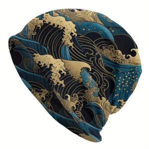 TEMU 일본 가나가와의 큰 파도 비니 모자 - 펑키 아트 디자인, 진한 블루 & 골든 웨이브 패턴, 남성용 부드럽고 따뜻한 겨울 캡, 캐주얼 스트리트웨어 액세서리, 스타일리시 헤드기어, 편안한 착용감